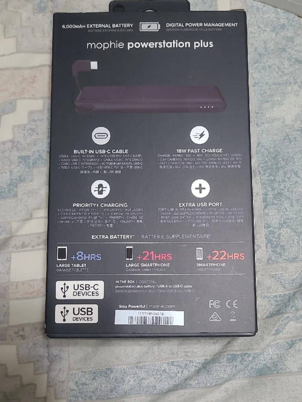 Mophie Powerstation Plus Portable Charger -Black +22HRS USB-C PD+ EXTRA USB PORT